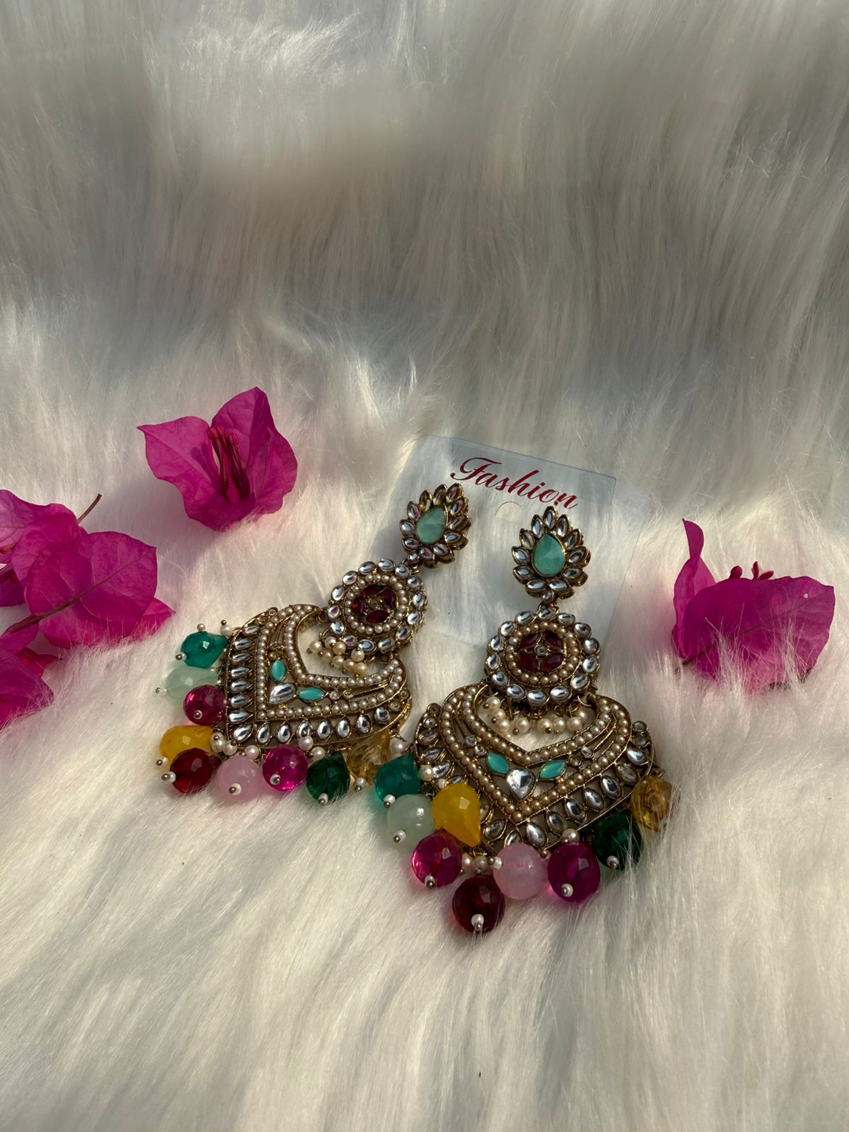 Vibrant Multicolor Gemstone Chandbali Earrings | Bohemian Kundan Polki Jhumkas with Dangling Beads & Pearls