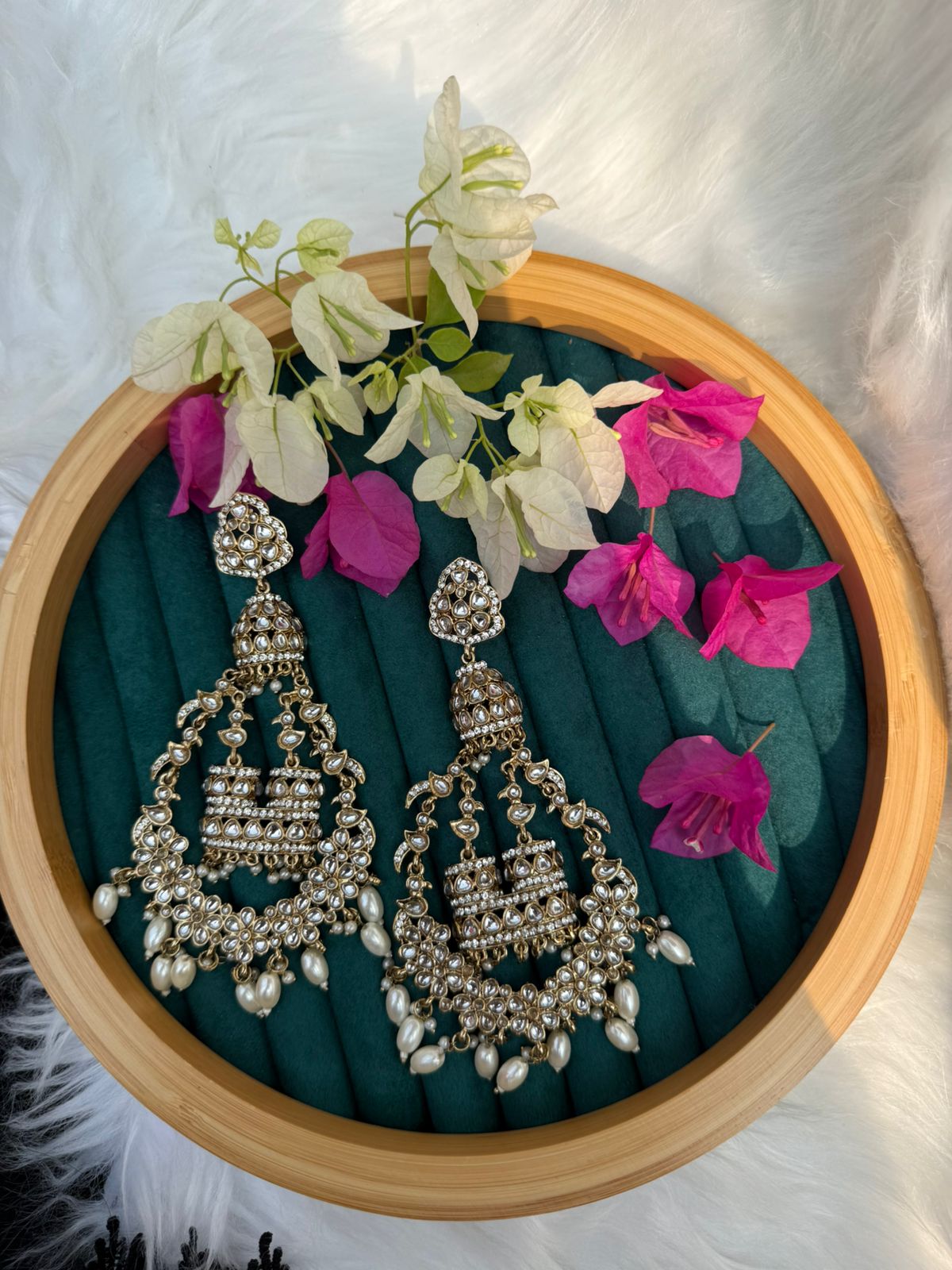 Grand Oxidized Silver Polki Pearl Chandelier Jhumkas